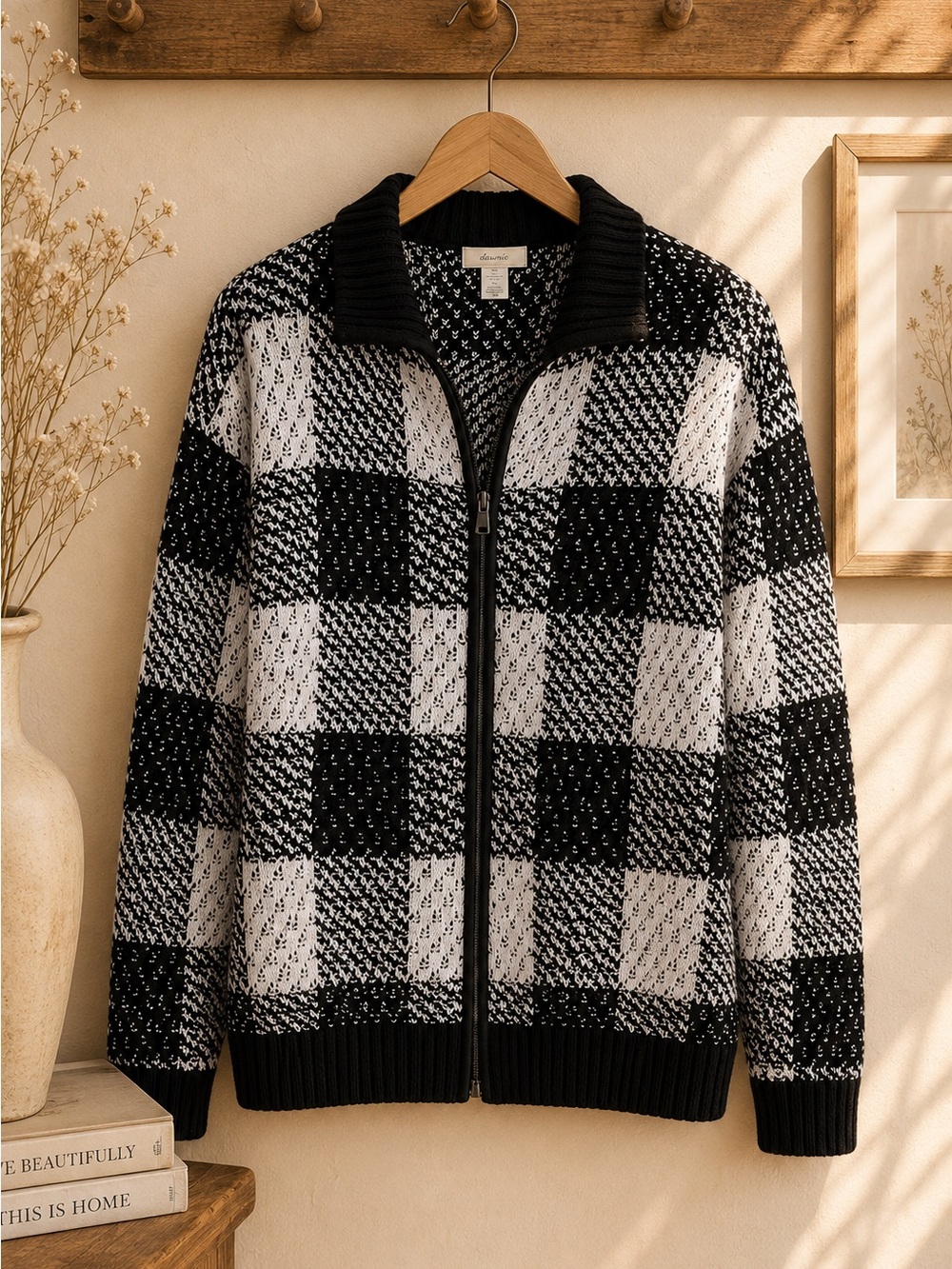 C.J. Banks Black & White Plaid Zip Cardigan Sweater | Women’s Plus Size - Picture 2 of 7